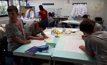 Photo showing students divided into groups and each group working at a separate table